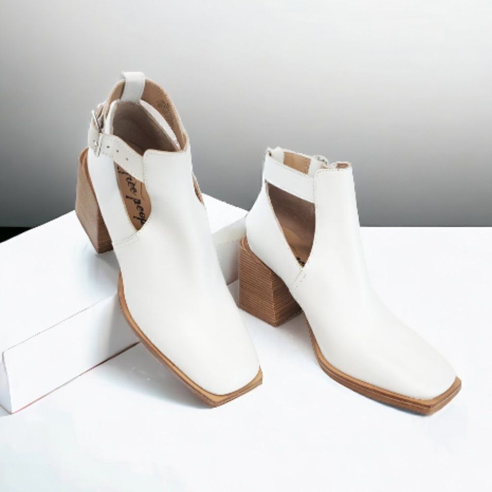Free People Brady Buckle Bootie in White Stacked Heel Size 39